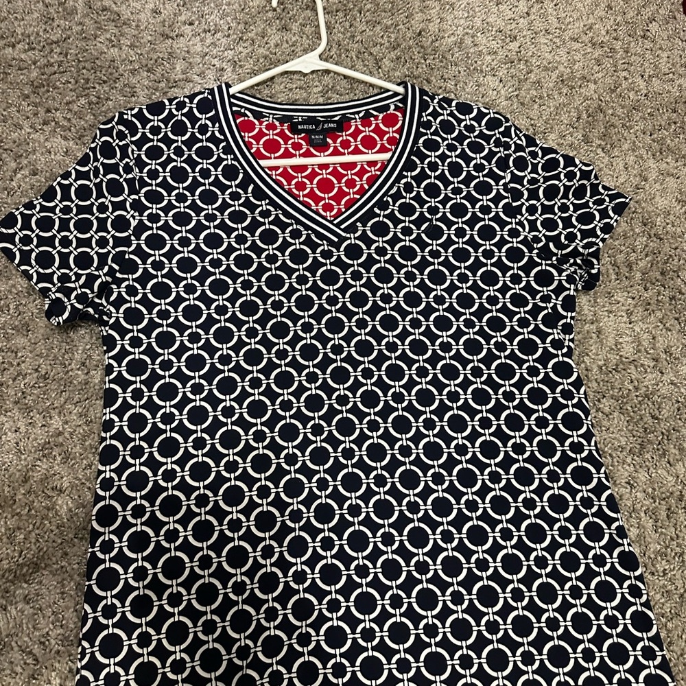 Nautica Navy and White Geometric V-Neck Tee